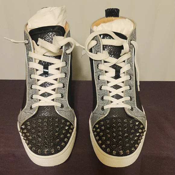 Christian Louboutin Black and Gray Spiked Sneakers